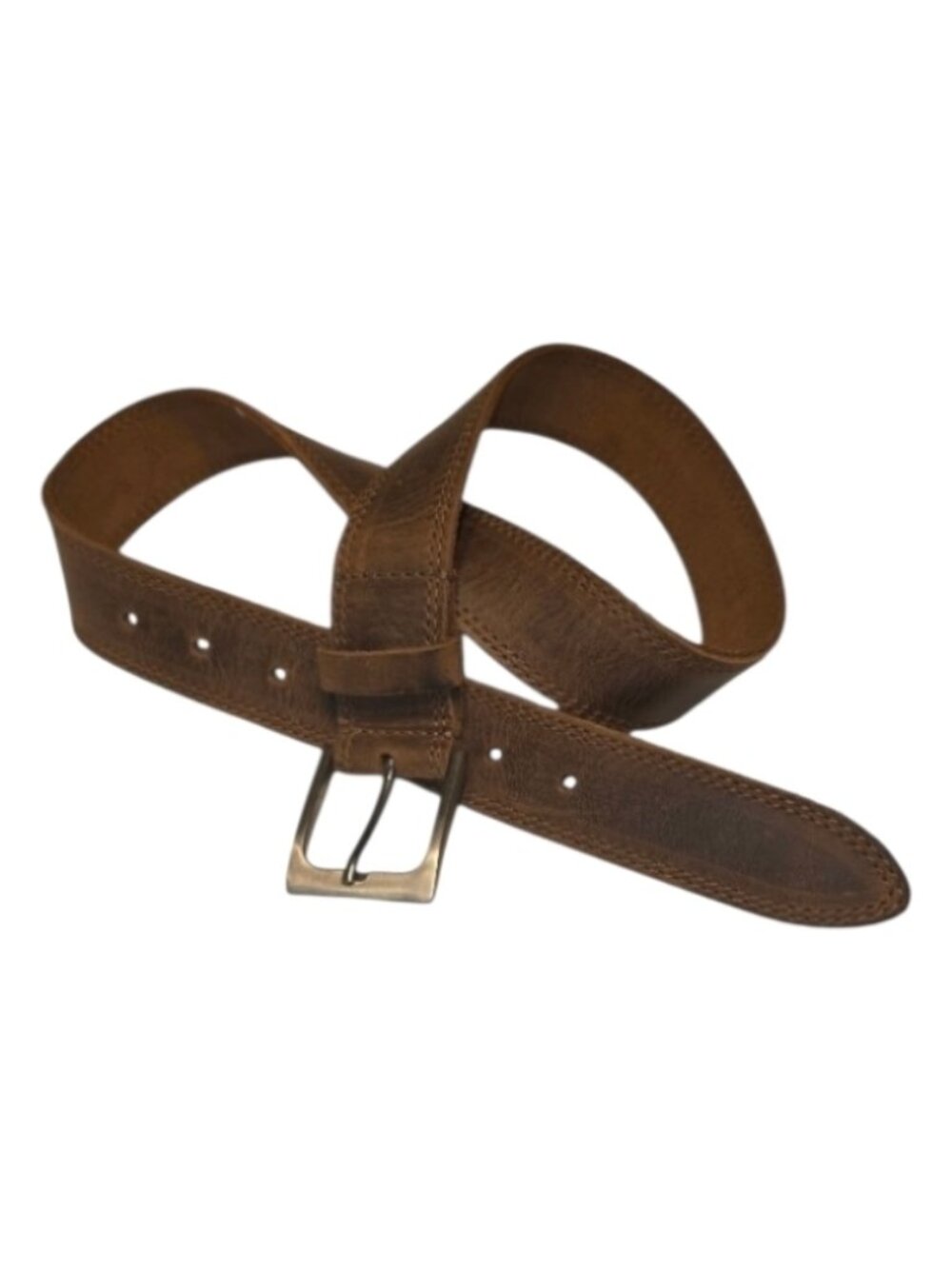 HIDE & DRINK Two Row Stitch Thick Leather Belt Brown Silver Tone Buckle 28 34 in